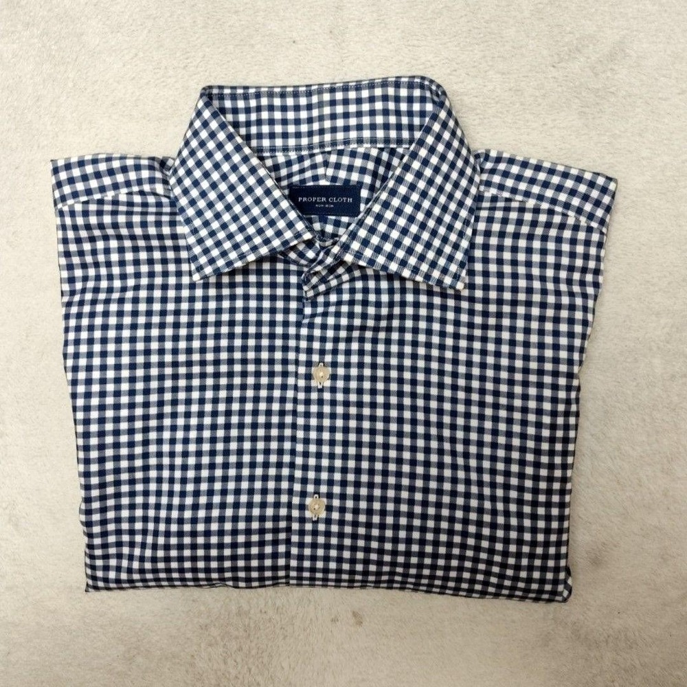 Proper Cloth Shirt Mens 16.5 32 Blue Gingham Spread Collar Slim Non-Iron Work